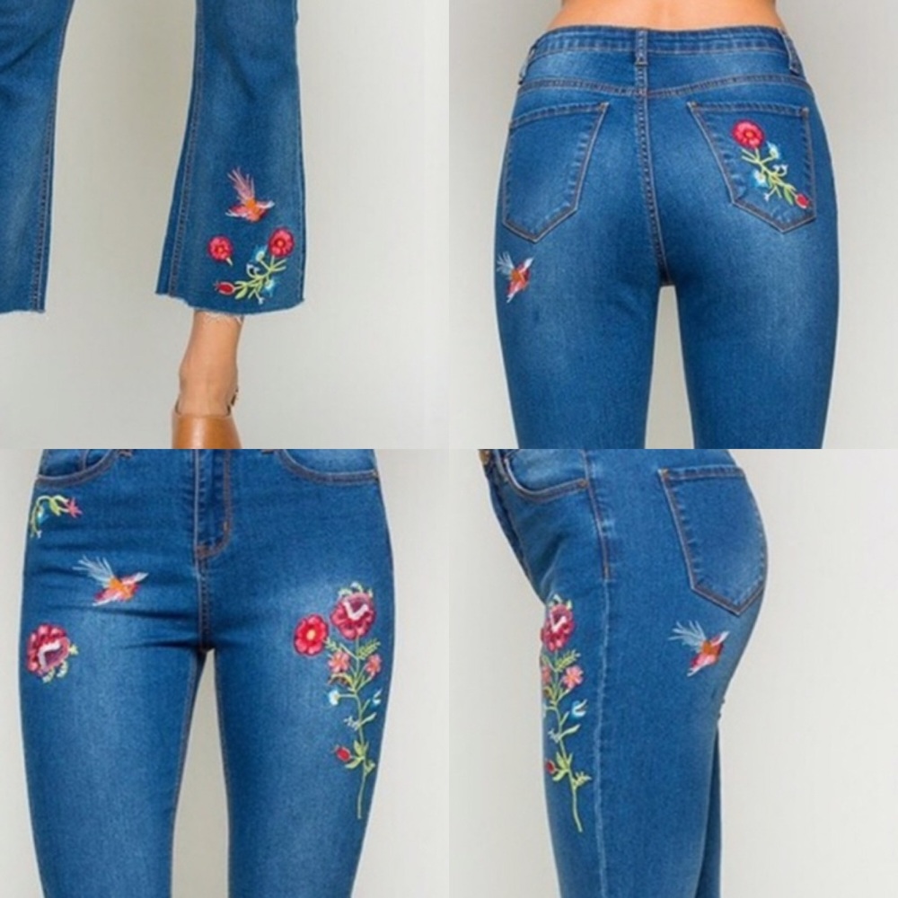 🌷🌷Embroidered Cropped Jeans w/Raw Hem - Picture 7 of 7